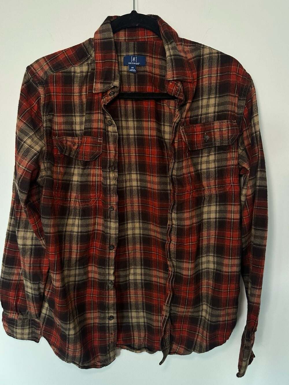 George Men's Double Pocket Flannel Shirt Red Black Plaid XS